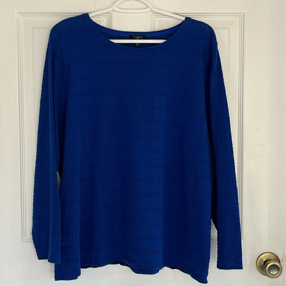 Talbots Woman Cotton Knit Top 2X Scoop Neck Textured Stripe Blue Career Office